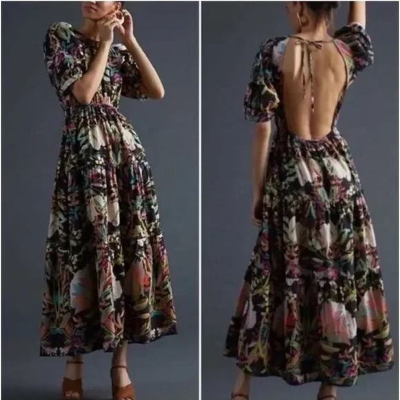 CONDITIONS APPLY Gray Colorful Floral Tiered Maxi Dress Backless Women's Size S - Picture 6 of 6